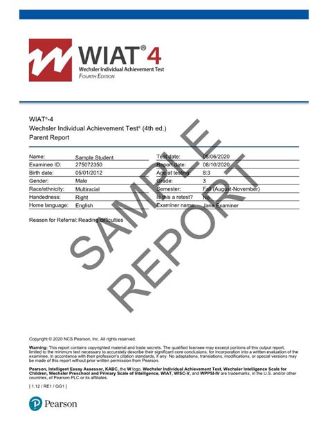 SAMPLE REPORT To order, call 1-800-211-8378, or visit our Web site at www. . Wiat4 report template